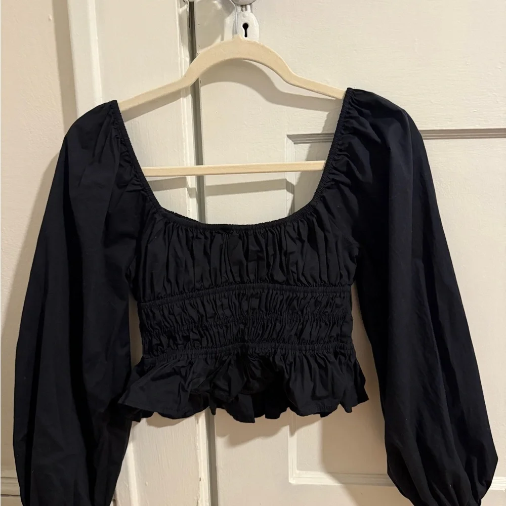 STAUD Black Smocked Blouse with Puff Sleeves - Picture 3 of 5